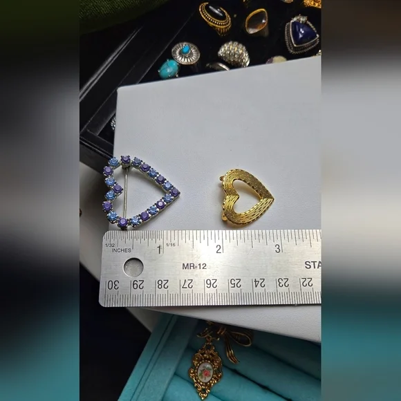 Heart Shaped Brooch Set Of 2 with Purple Rehinestone and Gold Tone - Picture 7 of 12